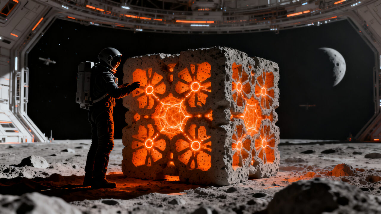 Construcción espacial con cemento lunar y geopolímeros, innovando el futuro de las startups NewSpace en la exploración de la Luna.