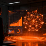 CFO analizando datos financieros frente a una interfaz de inteligencia artificial, representando la adopción de IA en finanzas y eficiencia operativa.