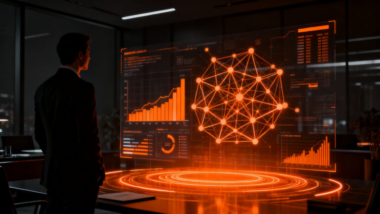 CFO analizando datos financieros frente a una interfaz de inteligencia artificial, representando la adopción de IA en finanzas y eficiencia operativa.