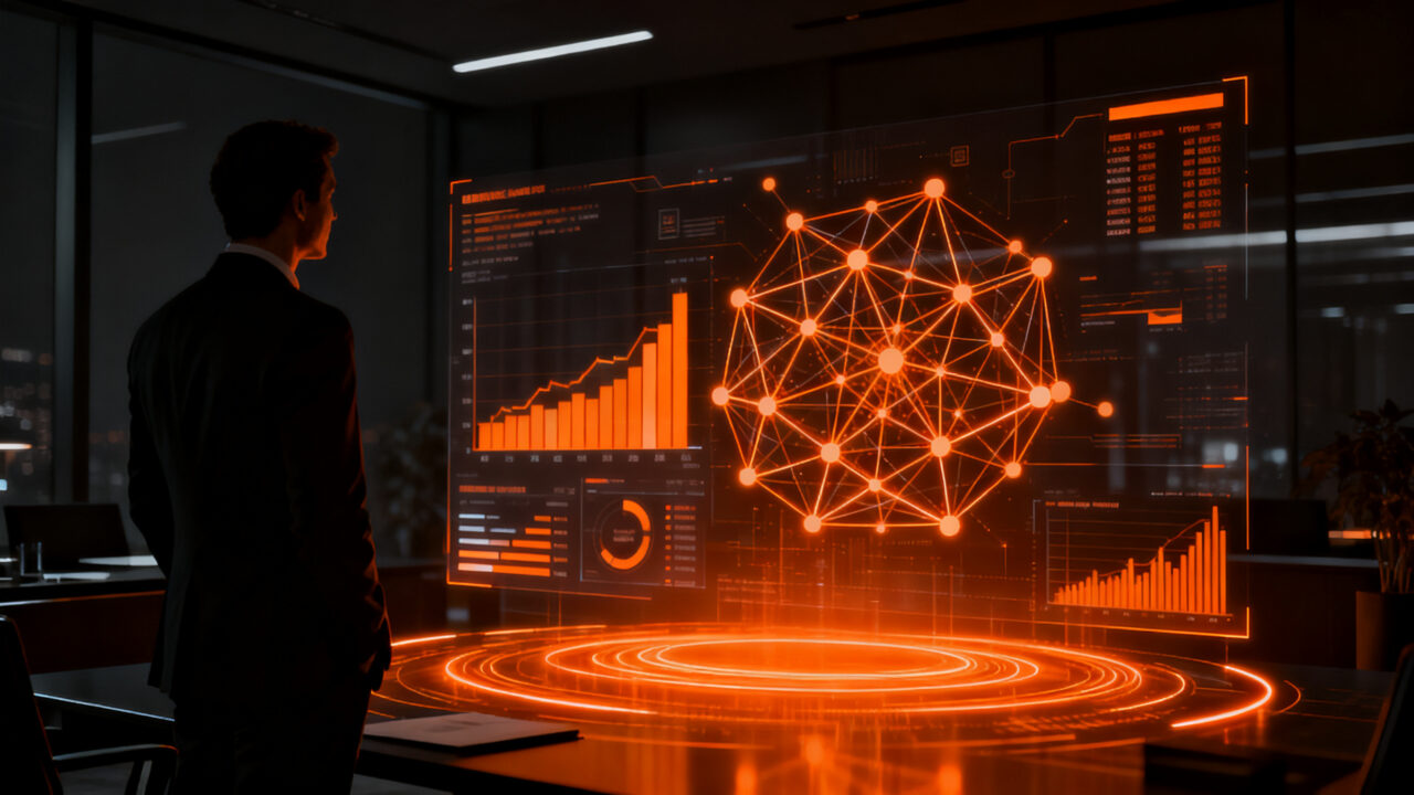 CFO analizando datos financieros frente a una interfaz de inteligencia artificial, representando la adopción de IA en finanzas y eficiencia operativa.