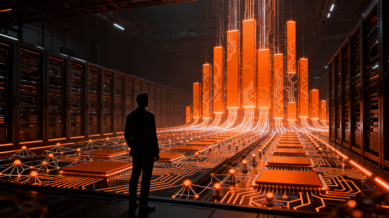 Líder tecnológico chino frente a una infraestructura de servidores de IA y semiconductores, representando la inversión masiva en la industria tech.
