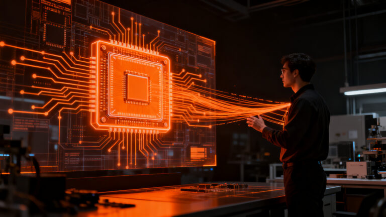 Ingeniero trabajando en diseño de semiconductores e IA agéntica, representando el éxito de financiación de ChipAgents y Nvidia.