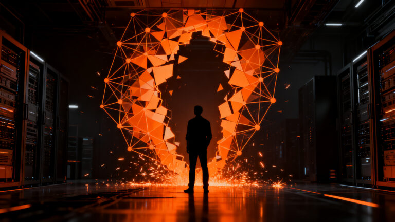 Agente autónomo de IA atacando infraestructura digital, simbolizando los riesgos de ciberseguridad para startups en 2026.
