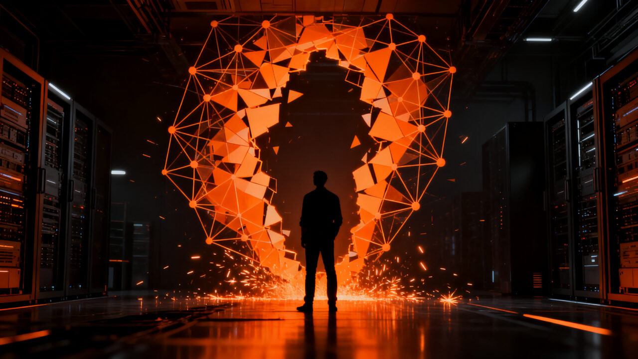 Agente autónomo de IA atacando infraestructura digital, simbolizando los riesgos de ciberseguridad para startups en 2026.