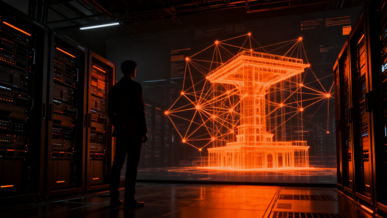 Un fundador observando una compleja arquitectura de red neuronal, simbolizando la soberanía de modelos y la resiliencia en la regulación de IA.