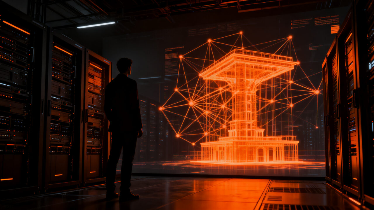 Un fundador observando una compleja arquitectura de red neuronal, simbolizando la soberanía de modelos y la resiliencia en la regulación de IA.