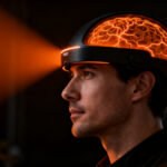 Fundador utilizando un avanzado casco de neurotecnología fNIRS, representando la innovación en salud cerebral y startups de hardware.
