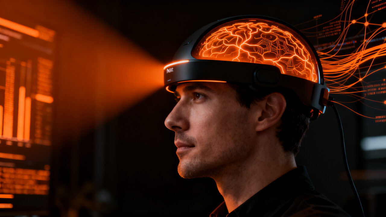 Fundador utilizando un avanzado casco de neurotecnología fNIRS, representando la innovación en salud cerebral y startups de hardware.