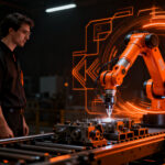 Ejecutivo supervisando automatización industrial con robots colaborativos, representando el crecimiento del mercado de cobots.