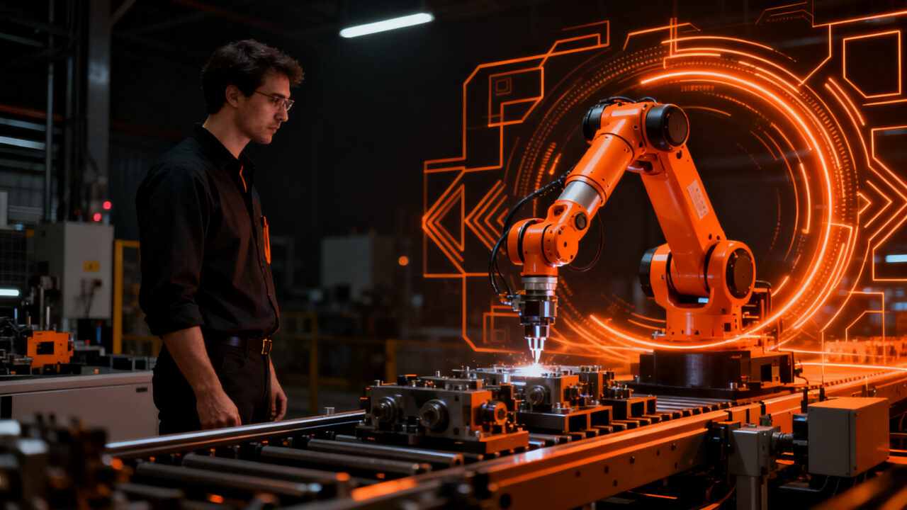 Ejecutivo supervisando automatización industrial con robots colaborativos, representando el crecimiento del mercado de cobots.