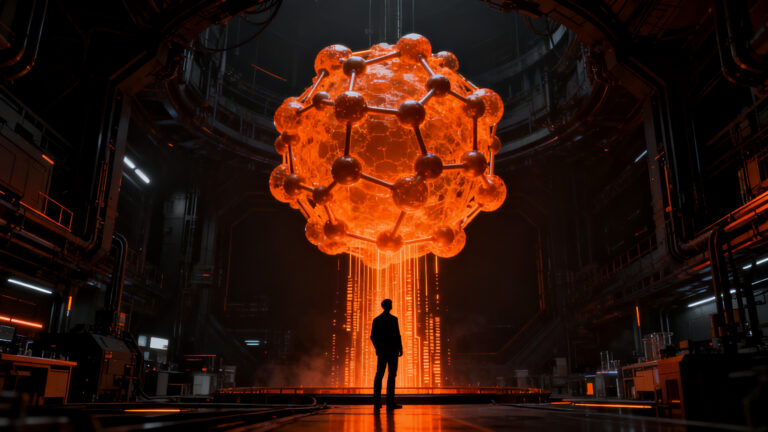 Fundador observando una estructura molecular futurista, representando la inversión récord de CuspAI en DeepTech y materiales impulsados por IA.