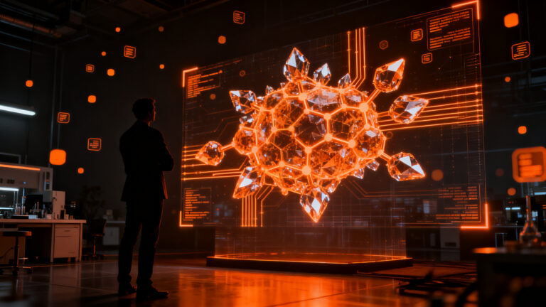 Founder de startup DeepTech analizando estructuras moleculares digitales para el descubrimiento de nuevos materiales, simbolizando inversión millonaria en IA.