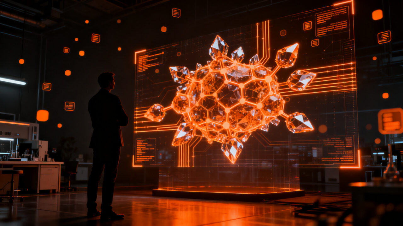 Founder de startup DeepTech analizando estructuras moleculares digitales para el descubrimiento de nuevos materiales, simbolizando inversión millonaria en IA.