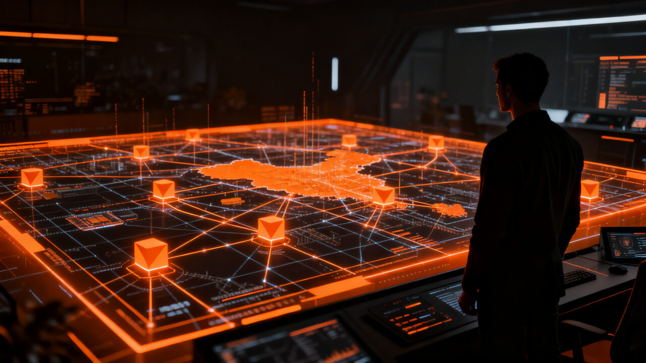 Líder en ciberdefensa observando una infraestructura digital crítica, representando la inversión en Cyber Force de EEUU.