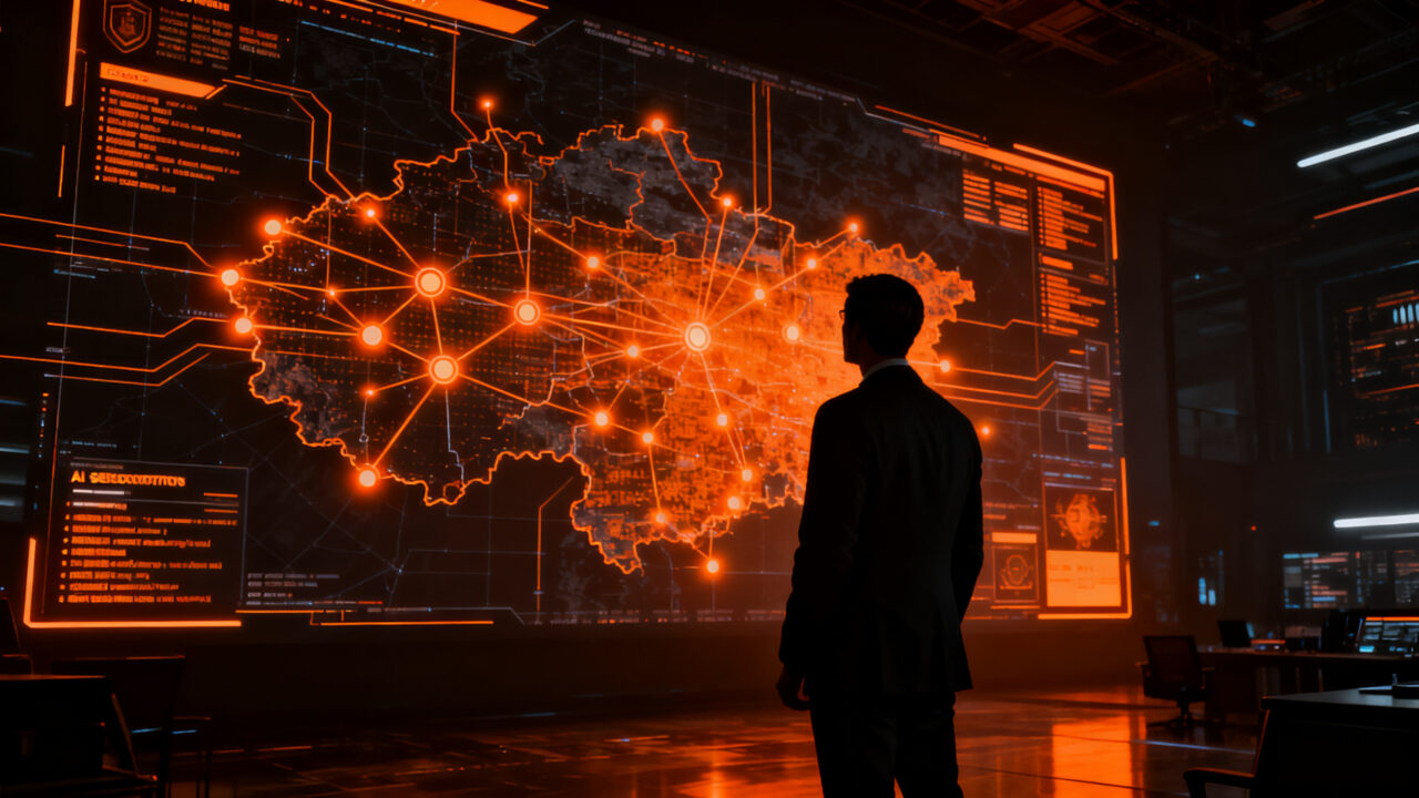 CEO de ciberseguridad analizando una compleja superficie de ataque digital con IA para proteger startups.