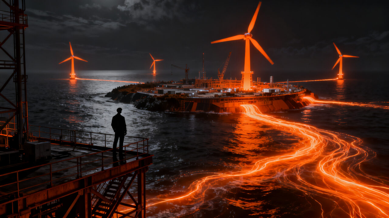 Isla artificial eólica en el Mar del Norte representando la inversión de Dinamarca en energía limpia y cleantech.