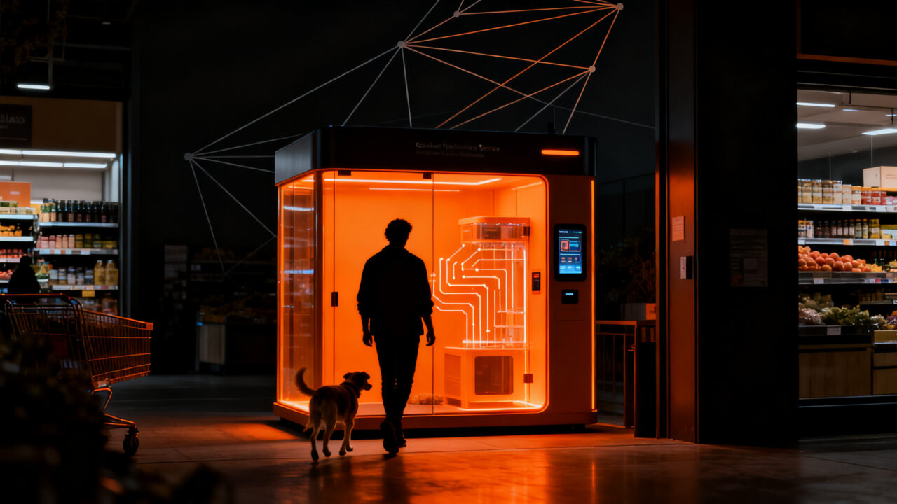 Cabina climatizada DogSpot para mascotas en un supermercado, representando la innovación en el retail PetTech y el modelo de negocio Hardware as a Service.