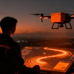 Dron de reparto de DoorDash Air sobrevolando una ciudad, simbolizando la automatización y la logística de última milla.