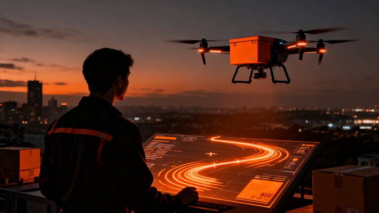 Dron de reparto de DoorDash Air sobrevolando una ciudad, simbolizando la automatización y la logística de última milla.