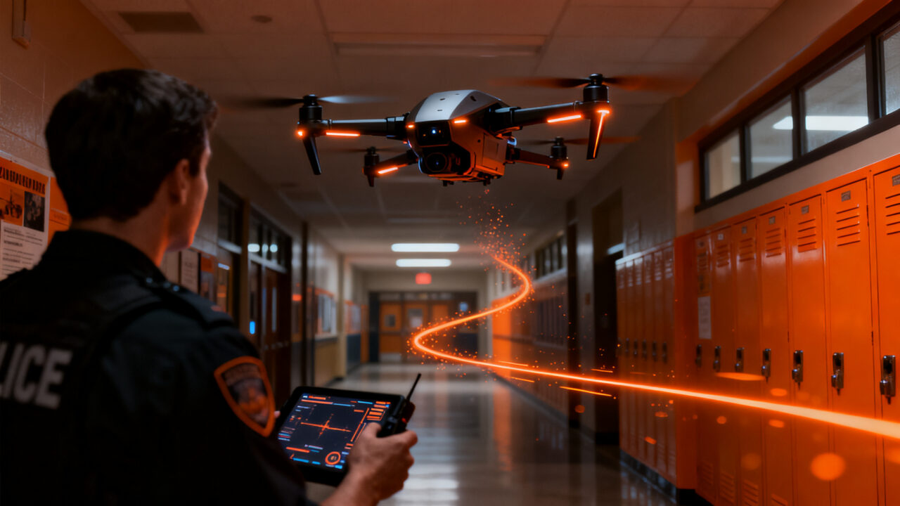 Drones de seguridad escolar con tecnología no letal para protección en entornos educativos.