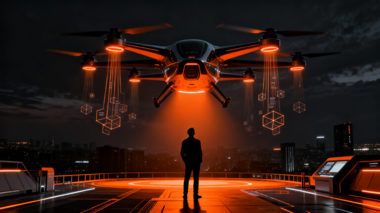 El eVTOL E-Hawk EFC1200 en pleno vuelo sobre un entorno urbano, representando el futuro de la movilidad aérea y la economía de baja altitud.