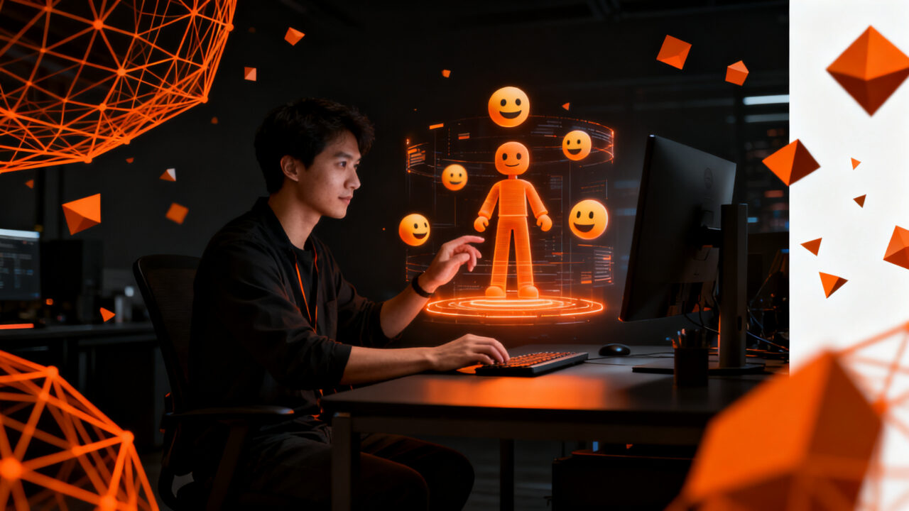 Desarrollador indie trabajando con modelos 3D de Google Noto Emoji en un entorno creativo de startup.