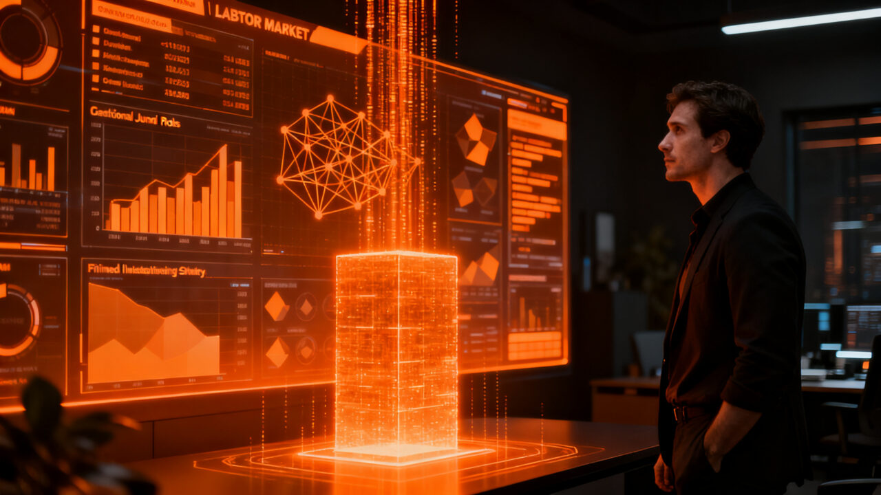 Founder de startup analizando datos de mercado laboral tech frente al impacto de la inteligencia artificial.