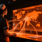 Enfermero virtual desde Filipinas conectando con un hospital en EEUU, representando la eficiencia operativa y el outsourcing en salud.