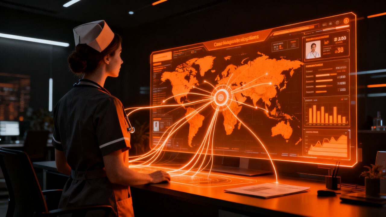 Enfermero virtual desde Filipinas conectando con un hospital en EEUU, representando la eficiencia operativa y el outsourcing en salud.