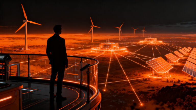 Emprendedor analizando un horizonte de energía renovable, representando la financiación de Enisa para startups climáticas en España.