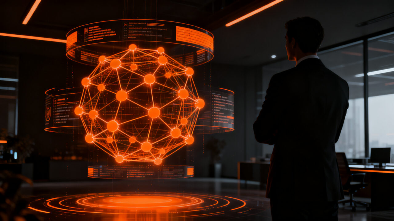 Figura humana profesional analizando una red de datos blockchain en un entorno corporativo, representando la seguridad institucional de Ethereum para bancos.