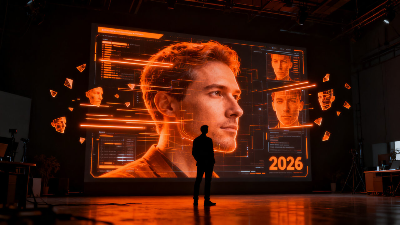 Representación visual de tecnología de face swap con IA procesando video en tiempo récord, optimizada para el ecosistema startup.