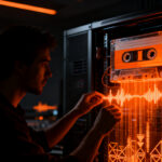 Ingeniero de audio trabajando en una interfaz digital compleja para simular sonido de casete usando herramientas open source FFmpeg.