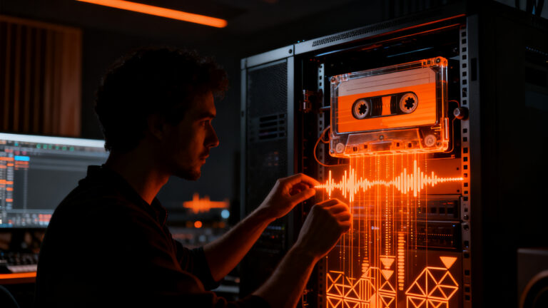 Ingeniero de audio trabajando en una interfaz digital compleja para simular sonido de casete usando herramientas open source FFmpeg.
