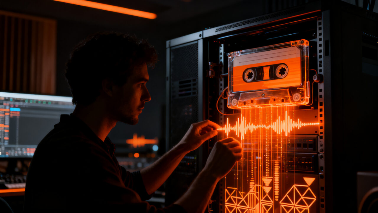 Ingeniero de audio trabajando en una interfaz digital compleja para simular sonido de casete usando herramientas open source FFmpeg.