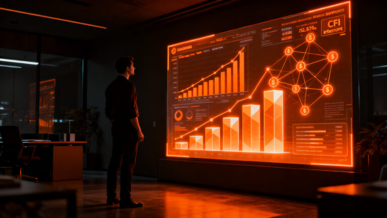 Emprendedor tecnológico revisando proyecciones financieras digitales, simbolizando el financiamiento de startups en La Pampa.