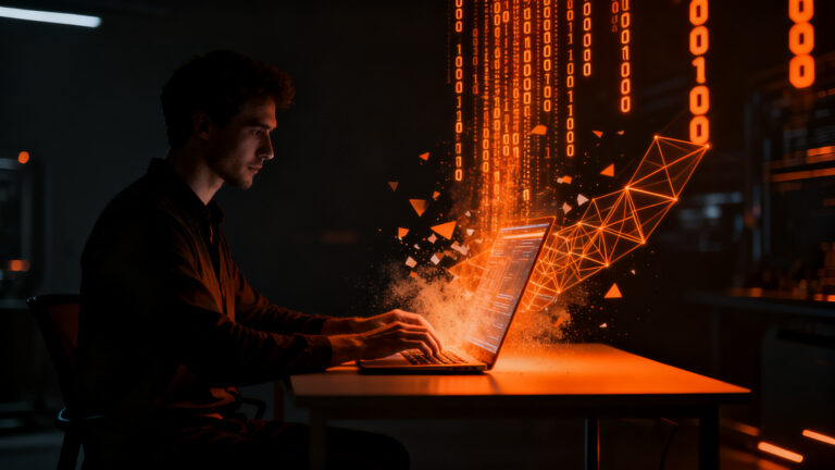 Desarrollador compartiendo datos cifrados de forma segura, representando ciberseguridad y privacidad en herramientas de desarrollo startup.