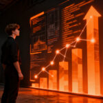 Estudiante joven frente a una pantalla de datos holográficos, representando la alta empleabilidad de la Formación Profesional en el sector tech.