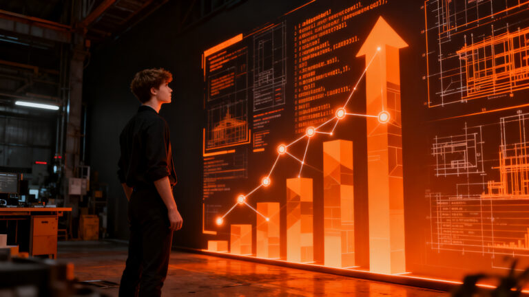 Estudiante joven frente a una pantalla de datos holográficos, representando la alta empleabilidad de la Formación Profesional en el sector tech.