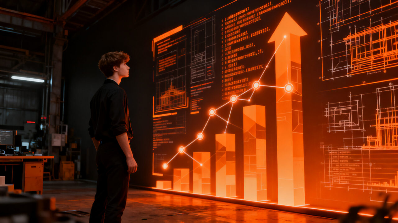 Estudiante joven frente a una pantalla de datos holográficos, representando la alta empleabilidad de la Formación Profesional en el sector tech.