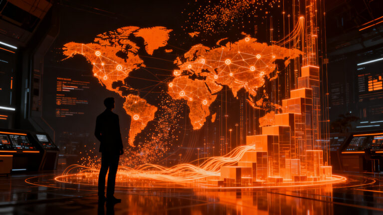 CEO de startup supervisando una red global de supply chain automatizada por agentes de IA, representando la ronda de inversión Serie B de Freehand.