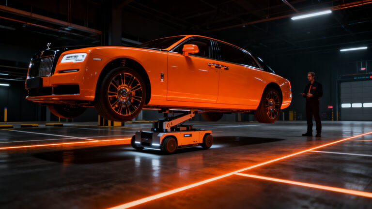Robot autónomo de estacionamiento en el aeropuerto de Gatwick, representando el futuro de la automatización física e infraestructura inteligente.