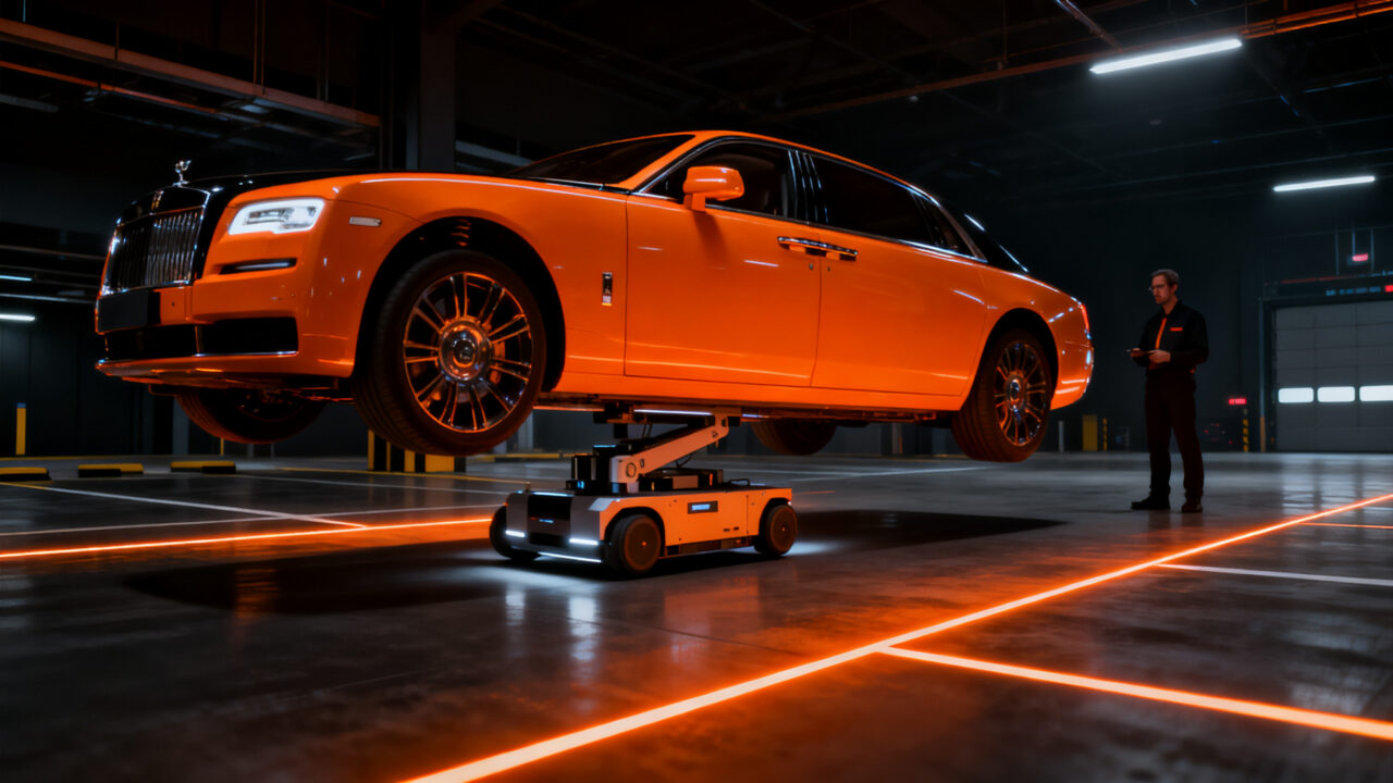 Robot autónomo de estacionamiento en el aeropuerto de Gatwick, representando el futuro de la automatización física e infraestructura inteligente.