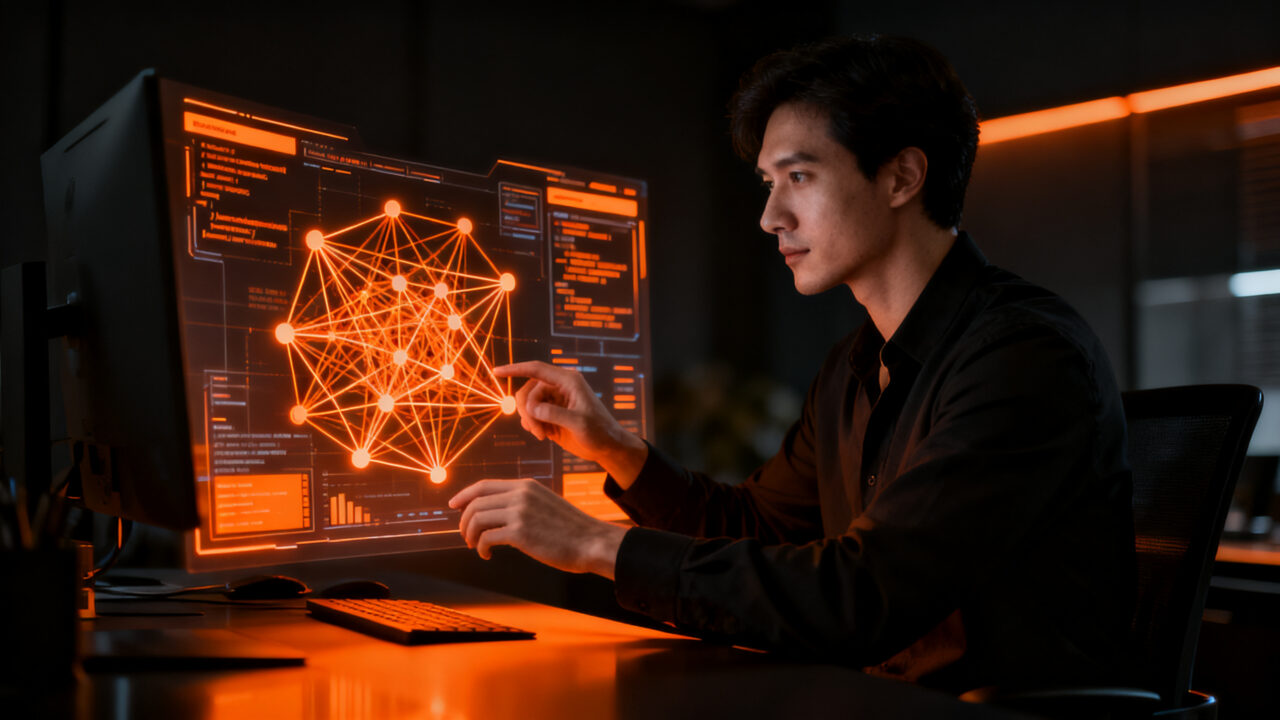 Emprendedor utilizando IA Gemini en NotebookLM para analizar datos y escalar su startup.