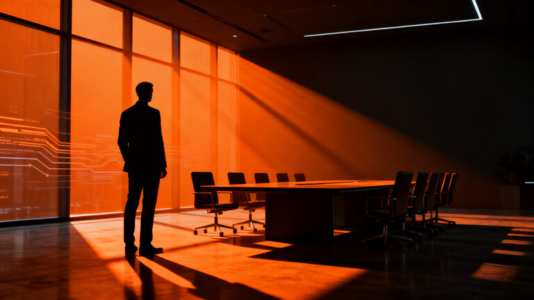 Director ejecutivo frente a un equipo vacío, simbolizando los retos de la gestión de talento y retención en la expansión internacional de una startup.
