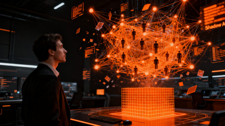 Gobernanza de IA en empresas: emprendedor analizando redes de Shadow AI y control de agentes inteligentes.