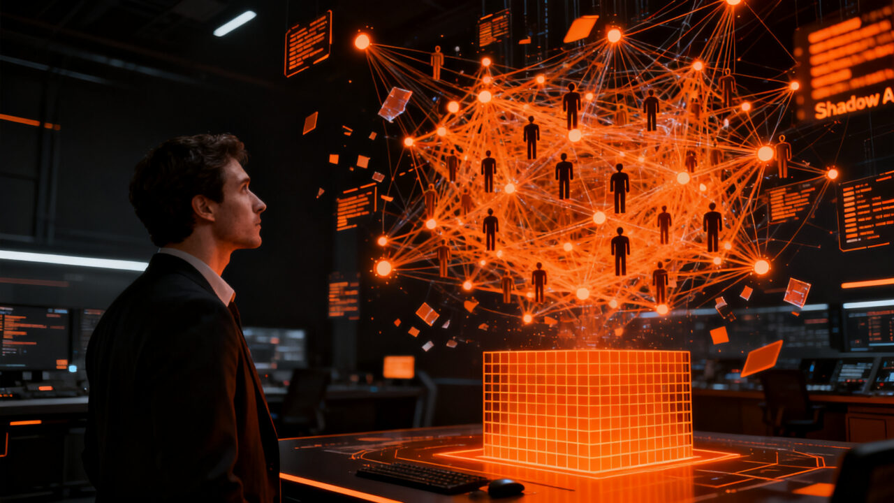 Gobernanza de IA en empresas: emprendedor analizando redes de Shadow AI y control de agentes inteligentes.