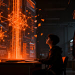 Imagen conceptual de un estudiante y un docente analizando riesgos de IA generativa en el sector EdTech, representando la seguridad digital en la educación.