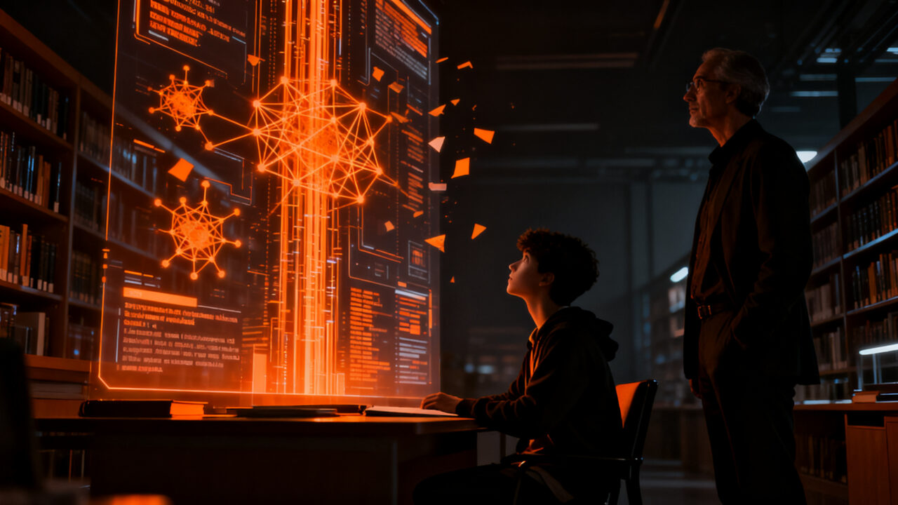 Imagen conceptual de un estudiante y un docente analizando riesgos de IA generativa en el sector EdTech, representando la seguridad digital en la educación.