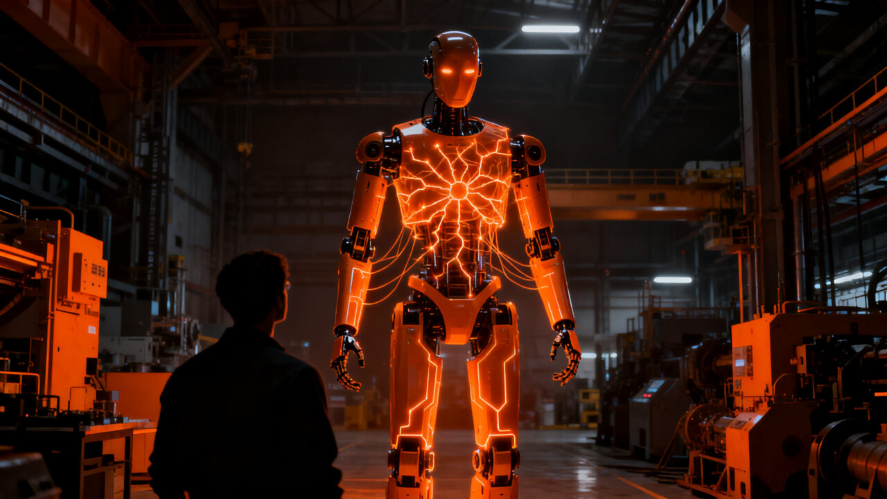 Robot humanoide avanzado controlado por inteligencia artificial representando la automatización industrial del futuro.